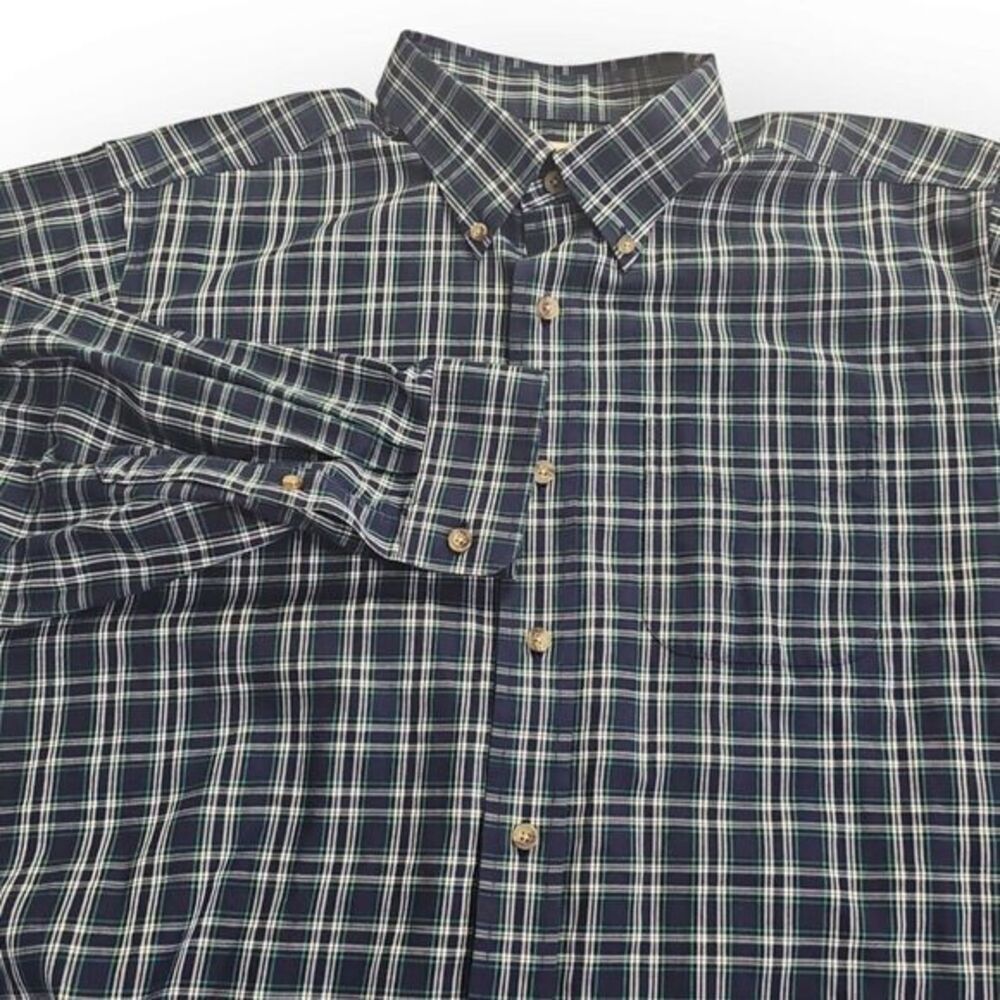 LL Bean L-REG, Large 100% Cotton Blue Green White Plaid Traditional Fit Shirt